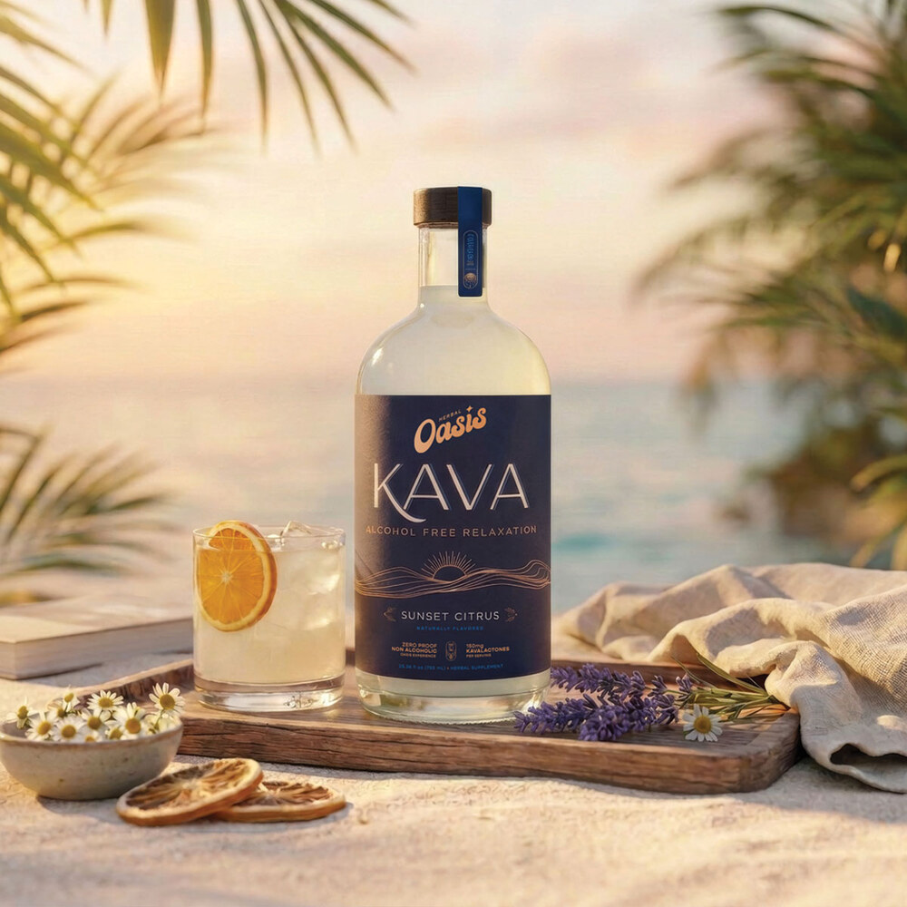 Oasis Kava Spirit on a beach table with a citrus cocktail